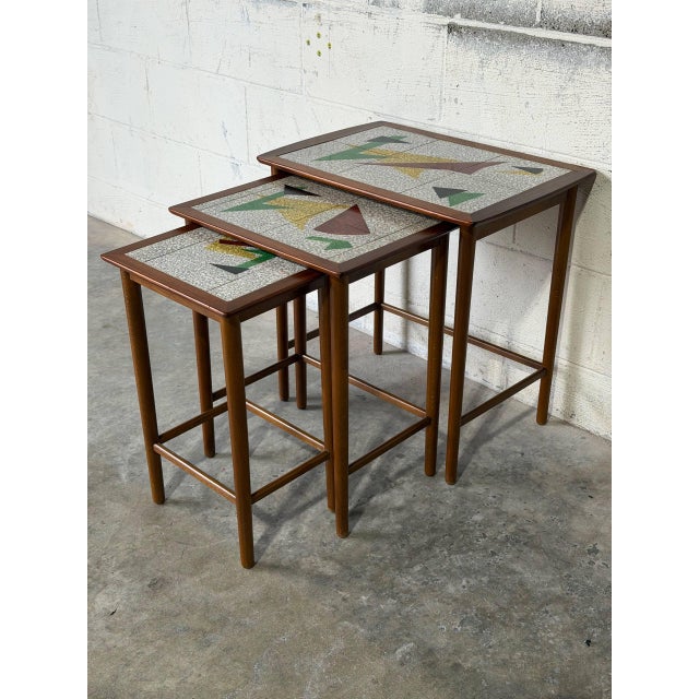 Teak Abstract Mosaic Tile Top Nesting Tables Set of 3 Mid-Century Modern 1960s For Sale - Image 9 of 10