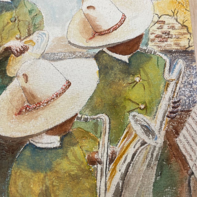 “La Música” – 1970 Original Watercolor Painting, Signed Wilber – Mexican Folk Art, Mid-Century Music Scene For Sale - Image 11 of 12