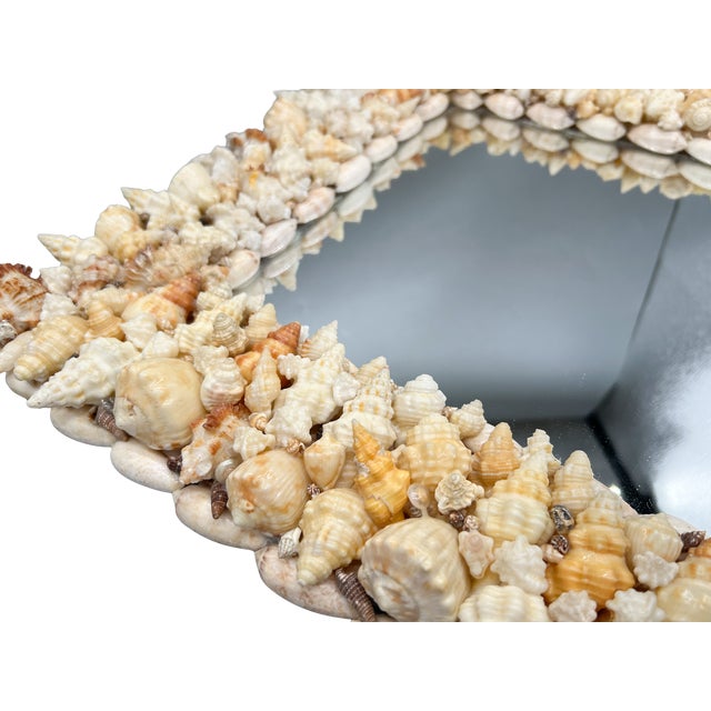 Glass Signed Vintage Diamond-Shaped Seashell Shell Encrusted Wall Mirror – Coastal / Organic Modern For Sale - Image 7 of 13