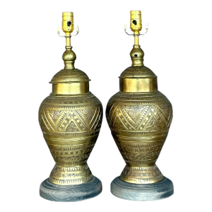 Vintage Boho Moroccan Tooled Brass Lamps - A Pair