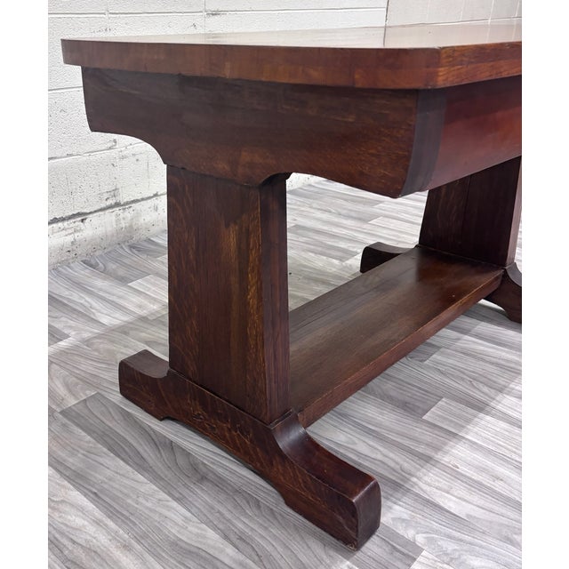 Early 20th Century Antique Mission Oak Trestle Pedestal Base Library Table Console Hall Table For Sale - Image 5 of 14