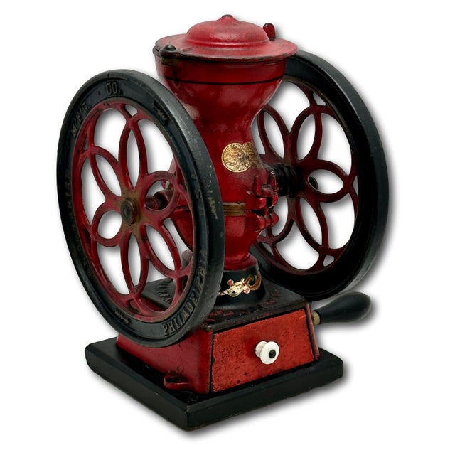 American Rare Small 12.75 Inch Tall Antique Enterprise Philladelphia MFG Co. #2 Cast Iron Hand Crank Coffee Grinder in Excellent Original Paint. For Sale - Image 3 of 18