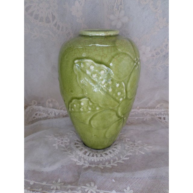 Arts & Crafts Antique Arts & Craft Rookwood Green Embossed Flower Design Vase For Sale - Image 3 of 9