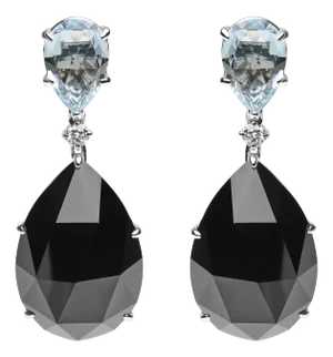 18K White Gold 1/5 Cttw Diamond with Pear Cut Sky Blue Topaz and Pear-Cut Black Onyx Gemstone Dangle