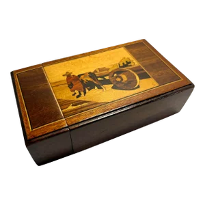 1970s Vintage Jesus Salmon Marquetry Red Seraped Man Leading His Ox Cart Cigarette Box