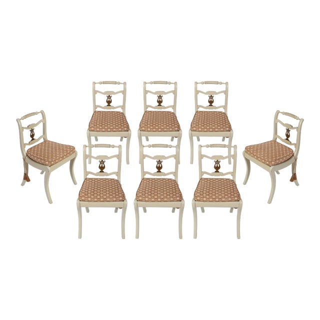 Set of Eight Regency Style Painted Dining Chairs With Harp Detail For Sale