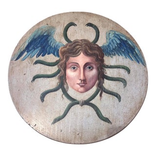 Allegorical Hand-Painted Oil on Wood Baroque Wall Hanging Plaque of Winged Medusa For Sale