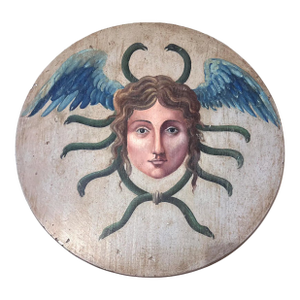 Allegorical Hand-Painted Oil on Wood Baroque Wall Hanging Plaque of Winged Medusa