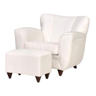Set of Italian Armchair and Ottoman in White Fabric, Italy, 1940s For Sale