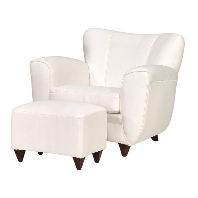 Set of Italian Armchair and Ottoman in White Fabric, Italy, 1940s For Sale