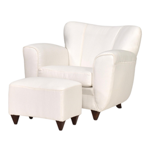 Set of Italian Armchair and Ottoman in White Fabric, Italy, 1940s