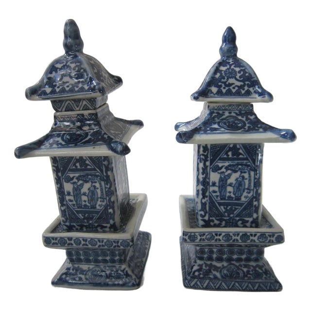 Vintage Blue and White Porcelain Lidded Pagoda Jars, Pair For Sale