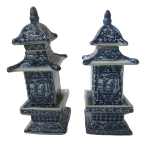 Vintage Blue and White Porcelain Lidded Pagoda Jars, Pair