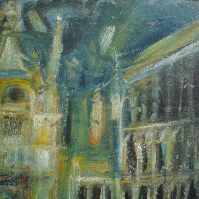 A Large Oil on Masonite Painting Depicting a City View Painting Featuring a Clock Tower. Unsigned. For Sale - Image 9 of 12