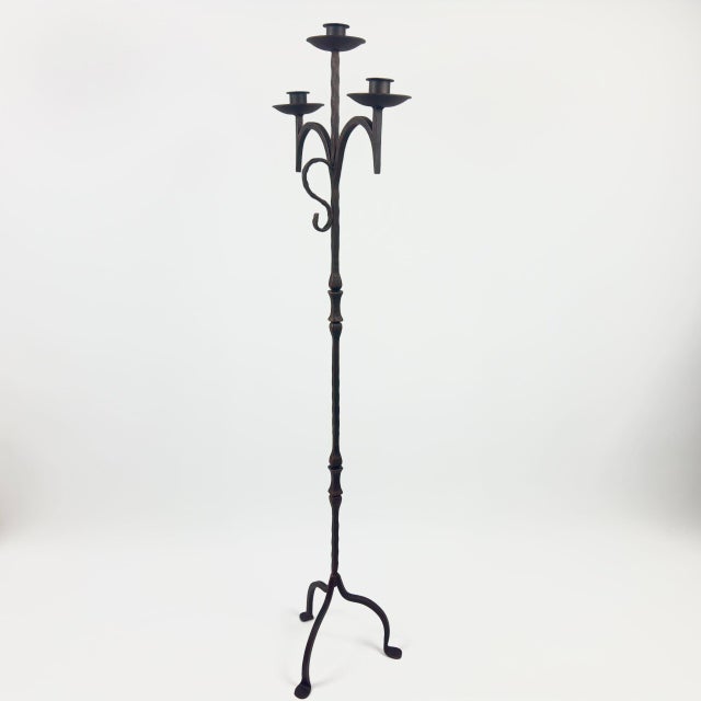 Metal Hand Forged Iron Floor Candelabra 52″ (133cm) Antique Copper Patina 3-Arm Classic Plate Candle Holder Tall Rustic Decor For Sale - Image 7 of 7