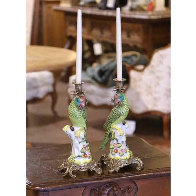 Chinese Mid-Century Chinese Export Porcelain Parrot Candlesticks on Gilt Bronze Bases For Sale - Image 3 of 10