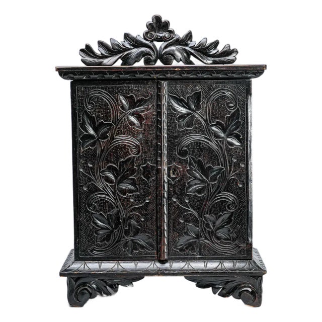 19th Century Hand Carved Wood Miniature Cabinet Chest of Drawers Victorian Jewelry Keepsake Storage For Sale