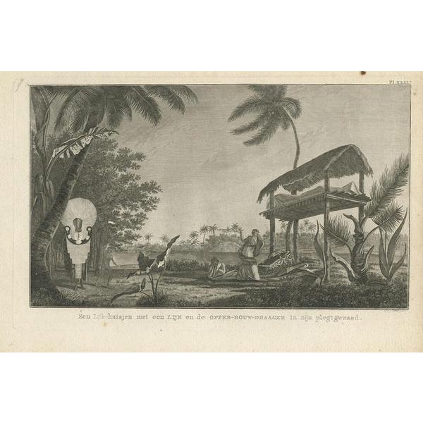Antique print titled "a mortuary house with a corpse and the chief mourner in his robes." this print depicts a funeral...