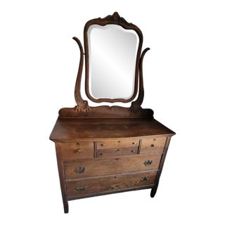Antique Tiger Oak Dresser With Vanity Mirror For Sale