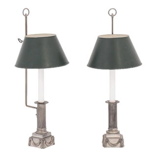 Pair of Petite French Early 20th Century Silver Plate Buillotte Lamps For Sale