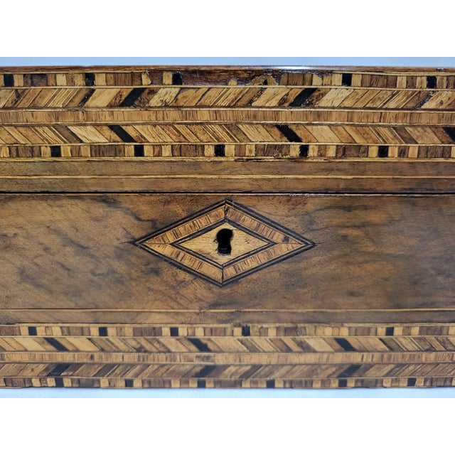 English Victorian Antique Tunbridge Marquetry Inlaid Burl Wood Tea Caddy Box For Sale - Image 4 of 8