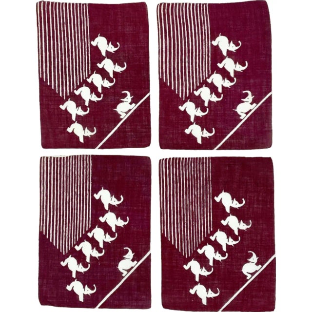 Set of 4 Antique Art Deco Red Elephant Linen Cocktail Napkins For Sale - Image 10 of 13