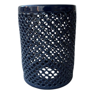 Lanie Deep Blue Glaze Lattice Garden Stool For Sale