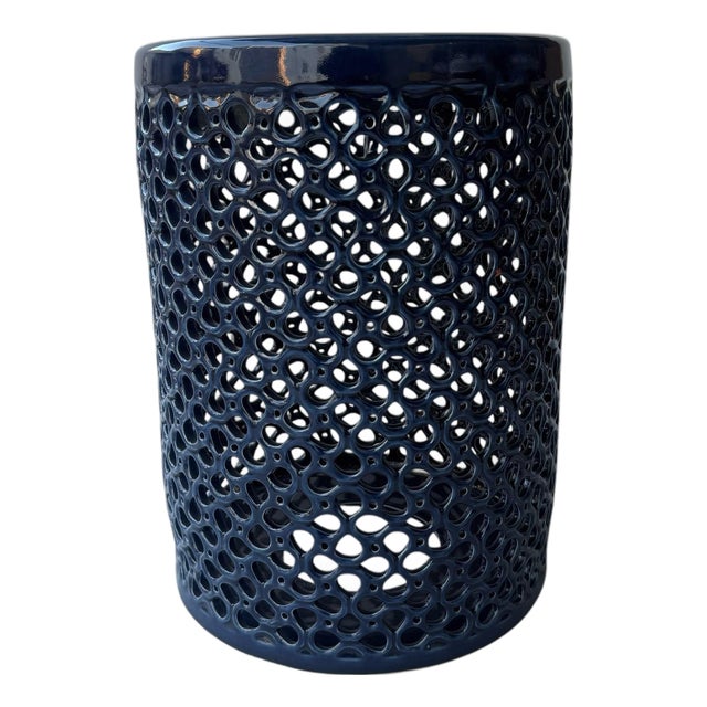Lanie Deep Blue Glaze Lattice Garden Stool For Sale