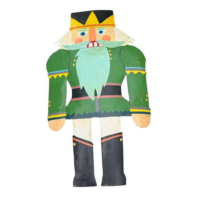 Vintage Hand Painted 37" Folk Art Wall Hanging Metal Cutout Nutcracker Decoration For Sale