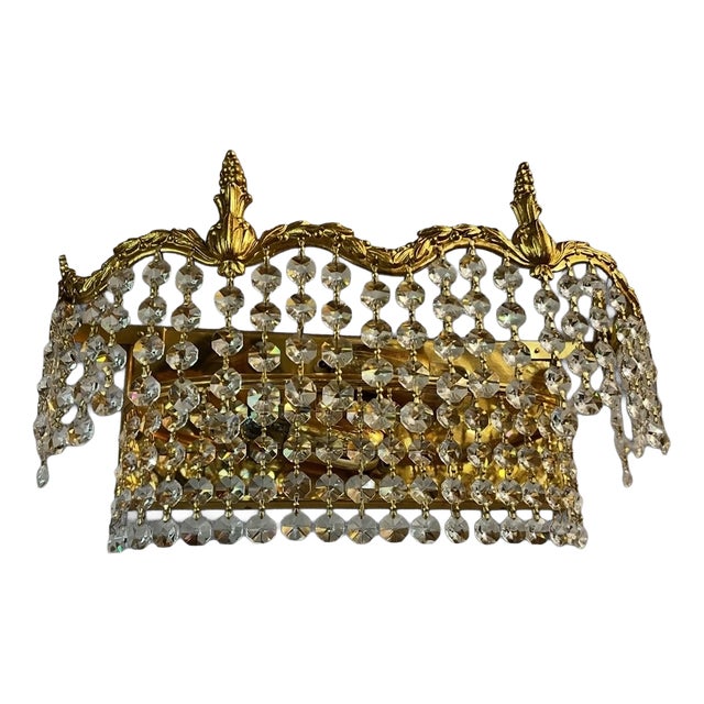 Large Antique Brass Wall Lamp with Swarovski Crystals, 1940s For Sale