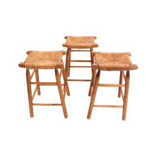 Vintage Woven Parchment Seat Stools - Set of 3 For Sale