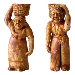 Mid-Century Wood Folk Art Basket Carrying Figures For Sale
