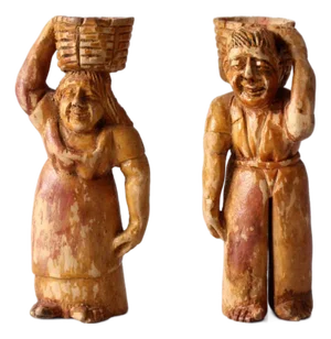 Mid-Century Wood Folk Art Basket Carrying Figures
