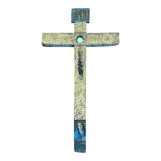 19th Century Gilt and Polychrome Crucifix With Portrait of the Virgin Mary For Sale