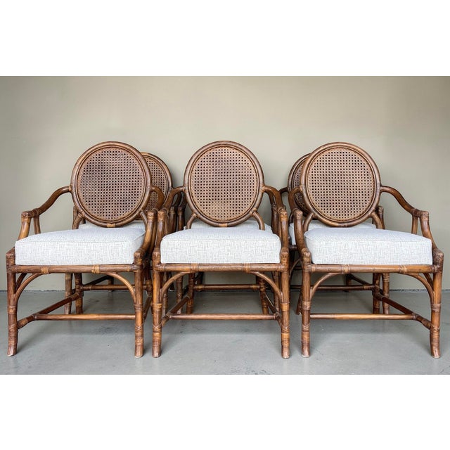Brown Vintage Rattan & Cane Oval-Back Dining Chairs, Newly Upholstered | Set of 6 For Sale - Image 8 of 15