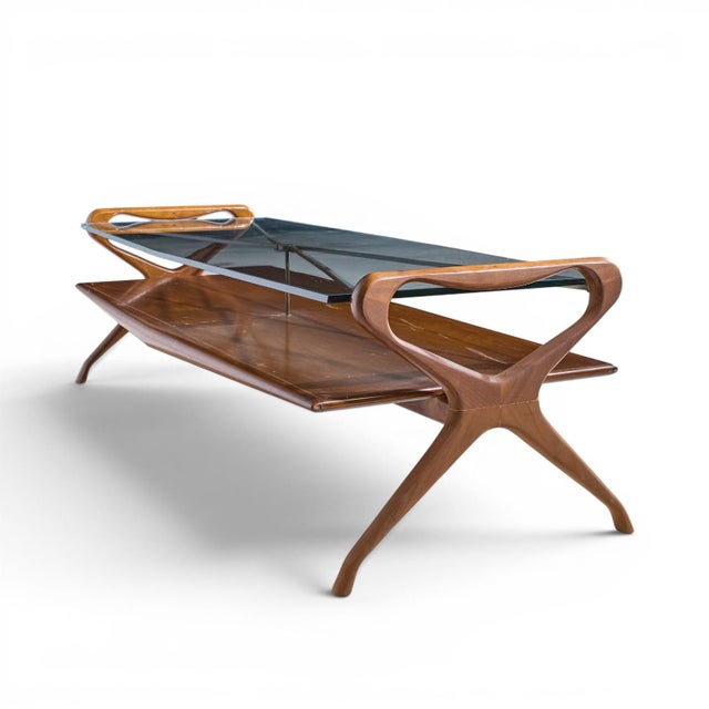 Cesare Lacca Cesare Lacca Style Mid Century Italian Walnut and Brass Coffee Table For Sale - Image 4 of 9