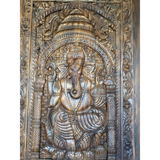 Vintage Ganesha Carved Wooden Door Panel – Indian Spiritual Wall Sculpture Art 94x43 For Sale In Orlando - Image 6 of 8