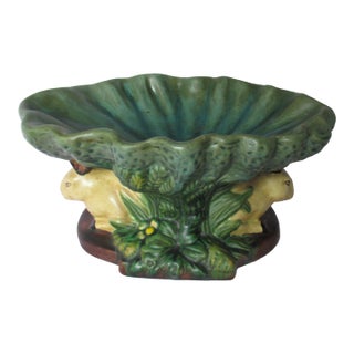 Vintage Majolica Rabbits Under Cabbage Pedestal Centerpiece Bowl For Sale
