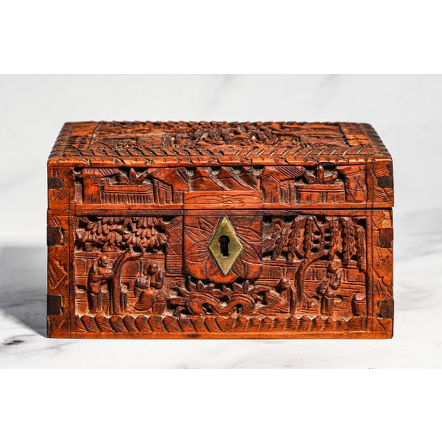 Chinoiserie Hand Carved Village Scene Box Antique Chinese Wood Box 19th Century Decorative Chinoiserie Asian Oriental Home Decor For Sale - Image 3 of 13