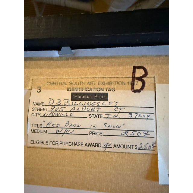 Original Vintage Watercolor Red Barn in Snow by D B Billingsley Framed For Sale - Image 4 of 4