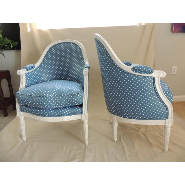 Late 19th Century Antique French Louis XVI Style Upholstered Barrel Back Armchairs - A Pair For Sale - Image 5 of 13