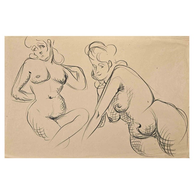 Jean Chapin, Posing Nude, Charcoal Drawing, 1950s For Sale