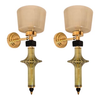 1990s Mid-Century Modern Olive Green and Beige Murano Glass Sconces - Pair For Sale