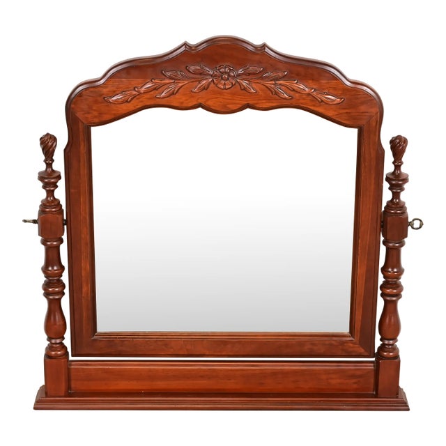 Thomasville French Provincial Carved Cherry Wood Dresser Top Vanity Swing Mirror For Sale
