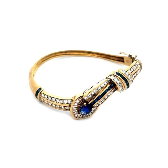 Diamond Sapphire Gold Bracelet 18k Yellow Curved Hinge Design Bangle For Sale In Miami - Image 6 of 7