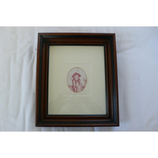 French Provincial Antique Toile Fabric Remnant With Mahogany Frame For Sale - Image 3 of 3