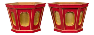 Early 20th Century Japanese Taishō Gold and Red Lacquer Hexagonal Planters with Reeded Cartouches - A Pair