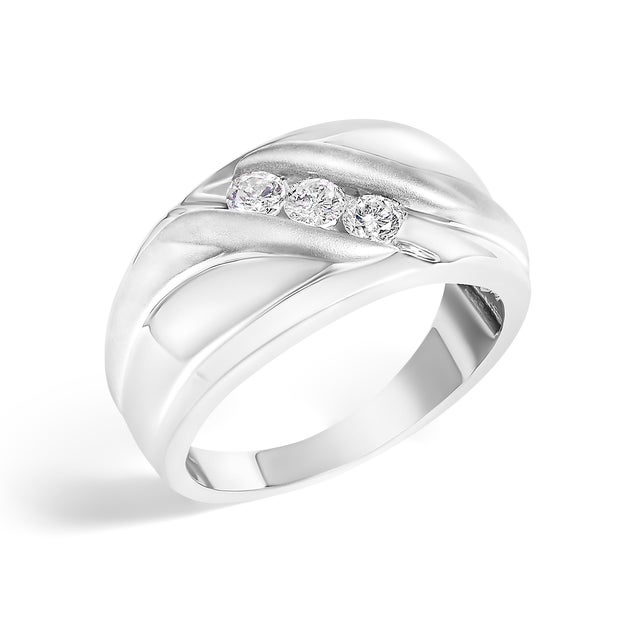 Contemporary Men's .925 Sterling Silver 1/2 Cttw Diamond Channel Set 3-Stone Band Ring - Ring Size 11 For Sale - Image 3 of 7