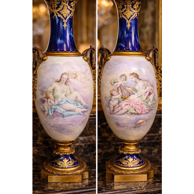 1850s Sevres Louis XVI Blue Bronze Porcelain Vases - Pair For Sale - Image 13 of 18