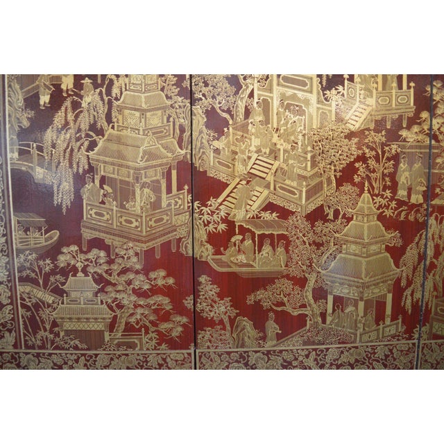 1980s Robert Crowder Four-Panel Chinoiserie Screen With Gold Leaf on Red Background For Sale In Los Angeles - Image 6 of 8